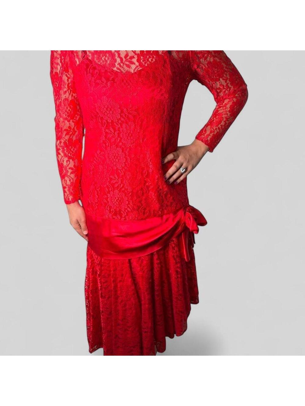 Vintage 80s Red Lace Drop Waist Dress Satin Bow High Low Hem Gown